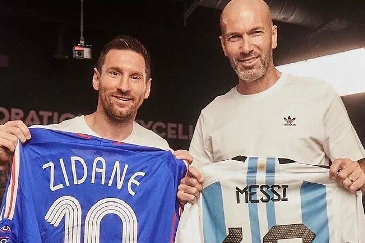 Lionel Messi compartilha a alegria do futebol com Zinedine Zidane